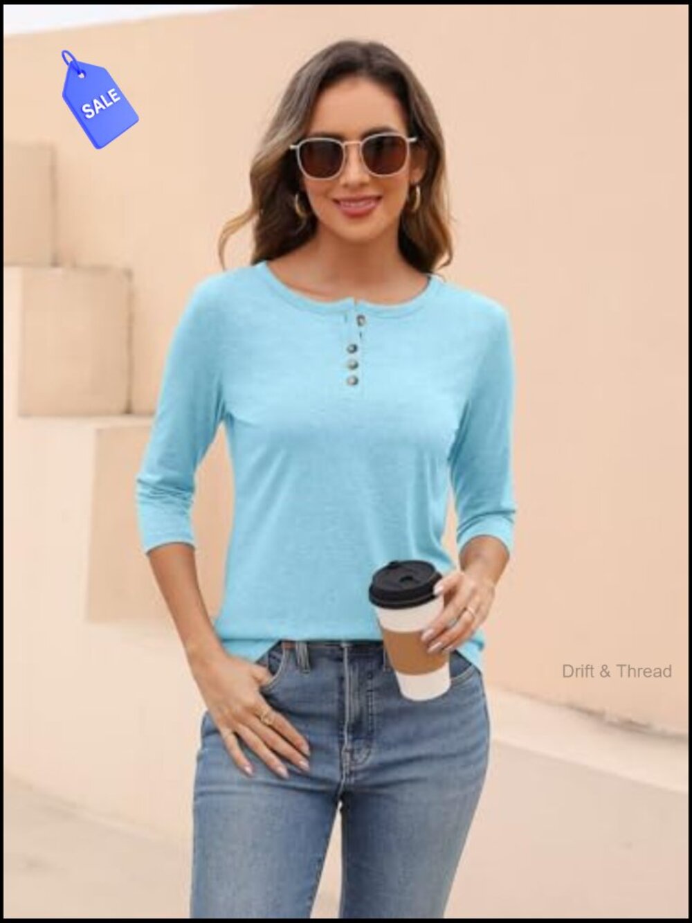 Women's 3/4 Sleeve Crew Neck Tunic Top Button Down Tee Blouse - Picture 5 of 7